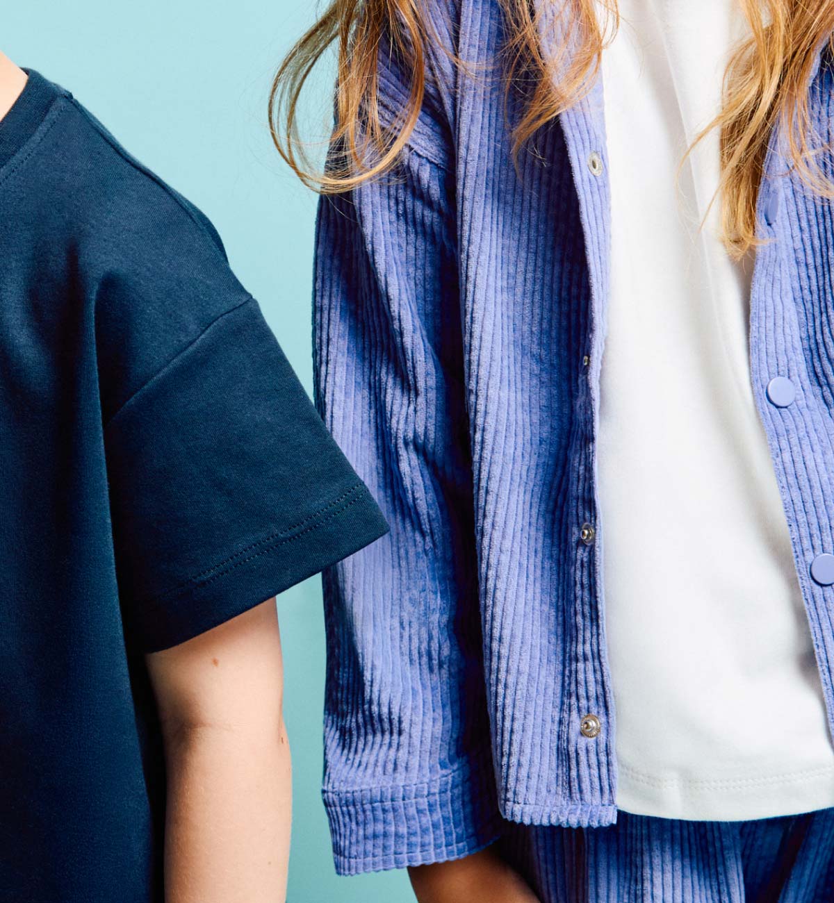 Our corduroy overshirt and trousers in lilac, and our navy T-shirt